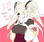  1girl 2022 arthropod_girl black_sclera blonde_hair blush breast_suppress brown_sweater closed_mouth colored_sclera fewer_digits hair_over_one_eye hands_up head_tilt high-waist_skirt indie_virtual_youtuber long_sleeves looking_at_viewer moth_girl moth_wings one_eye_covered red_eyes red_ribbon red_skirt ribbed_sweater ribbon shina_tsukishiro skirt smile solo solopipb sweater wings 
