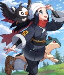  1girl :d akari_(pokemon) black_hair chorefuji eyelashes galaxy_expedition_team_survey_corps_uniform head_scarf long_hair looking_up open_mouth outdoors pokemon pokemon_(creature) pokemon_(game) pokemon_legends:_arceus ponytail quilava red_scarf scarf sidelocks smile starly white_headwear 