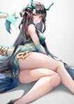  1girl :o absurdres antlers aqua_dress arknights bangs bare_legs black_hair blush breasts china_dress chinese_clothes dress dusk_(arknights) dusk_(everything_is_a_miracle)_(arknights) earrings eyebrows_visible_through_hair feet_out_of_frame hair_between_eyes highres jewelry legs long_hair looking_at_viewer lubikaya lying medium_breasts on_side open_mouth orange_eyes pointy_ears sideboob solo tail very_long_hair white_background 