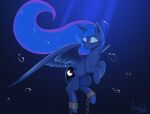  absurd_res blue_body blue_fur blue_mane bubble ccruelangel cutie_mark depression eyes_closed feathered_wings feathers female friendship_is_magic fur hasbro hi_res horn mane my_little_pony princess_luna_(mlp) signature solo underwater water wings 