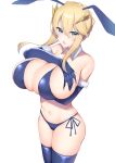  1girl animal_ears artoria_pendragon_(fate) artoria_pendragon_(lancer)_(fate) bikini blonde_hair blue_bikini braid breast_hold breasts cleavage crown fate/grand_order fate_(series) french_braid green_eyes hair_between_eyes highres huge_breasts kitajima_yuuki long_hair looking_at_viewer open_mouth rabbit_ears sidelocks swimsuit 