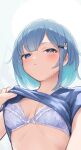  1girl bangs blue_bra blue_eyes blue_hair blue_shirt blush bra breasts bunny_hair_ornament cleavage clothes_lift eyebrows_visible_through_hair frilled_bra frills from_below hair_ornament hairclip highres kijibato_123-gou lifted_by_self looking_at_viewer looking_down medium_breasts original parted_lips shirt shirt_lift short_hair short_sleeves solo sweatdrop underwear upper_body 