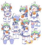  1girl 1other animal_hat apron back_bow bag bell bow cat_hat cat_tail dejiko di_gi_charat from_behind full_body gema gloves green_eyes green_hair hair_bell hair_ornament hat highres holding holding_bag jingle_bell maid maid_apron multiple_views open_mouth paw_shoes ribbon roku_no_hito simple_background sitting smile smug sparkling_eyes standing stepped_on tail white_background white_gloves yawning 