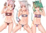  3girls ahoge animal_ear_fluff animal_ears bangs bare_legs barefoot black_bra black_panties black_ribbon blue_bra blue_panties blunt_bangs blush bra breasts cat_cutout cat_ears cat_lingerie cleavage_cutout closed_mouth clothing_cutout eyebrows_visible_through_hair fish_tail frilled_bra frills gawr_gura green_hair groin hair_ribbon hand_on_another&#039;s_thigh hand_on_own_thigh highres hololive hololive_english kneeling long_hair looking_at_viewer meme_attire multiple_girls murasaki_shion navel panties parted_lips paw_pose purple_bra purple_panties ray_peng red_eyes ribbon shark_tail silver_hair simple_background small_breasts smile stomach tail twintails two_side_up underwear underwear_only uruha_rushia virtual_youtuber white_background 