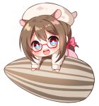  1girl :d animal_ears bangs beret blush bow brown_hair chibi copyright_request dress eyebrows_visible_through_hair glasses hair_between_eyes hair_bow hamster_ears hat jacket long_hair long_sleeves lowres mauve open_clothes open_jacket pink_sweater red-framed_eyewear red_bow seed simple_background sleeves_past_wrists smile solo sunflower_seed sweater sweater_dress teeth upper_teeth virtual_youtuber white_background white_headwear white_jacket 
