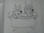  4:3 anthro bath bathing black_and_white canid canine duo eyes_closed fox friends hi_res jozefftech jozefftech_(jozefftech) line_art male mammal monochrome pen_(artwork) serdagonn_(jozefftech) tongue tongue_out traditional_media_(artwork) 