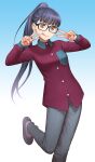  1girl :q black_hair blue_background brown_eyes double_v fingernails gradient gradient_background grey_pants hands_up highres long_sleeves looking_at_viewer minazuki_juuzou oogaki_chiaki pants ponytail red_shirt shirt shoes smile solo standing standing_on_one_leg tongue tongue_out v yurucamp 