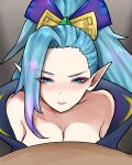  1boy 1girl absurdres asymmetrical_bangs bangs bare_shoulders blue_eyes blush bow breasts cleavage collarbone from_above gradient gradient_background green_hair grey_background hair_bow highres league_of_legends long_hair looking_at_viewer looking_up pointy_ears ponytail pov shiny shiny_hair spirit_blossom_vayne vayne_(league_of_legends) wei_miao 