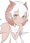  1girl blush breasts cleavage curled_horns demon_girl earclip goat_horns hair_between_eyes hebri_(solopipb) horizontal_pupils horns looking_at_viewer multiple_horns original pointy_ears short_hair simple_background sketch smile smug solo solopipb upper_body white_background white_hair yellow_eyes 