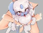  absol ambiguous_gender blush canid canine claws digital_media_(artwork) duo feral first_person_view fur grope hair hi_res horn human looking_at_viewer mammal nintendo nude on_lap pok&eacute;mon pok&eacute;mon_(species) red_eyes sitting_on_lap solo_focus tongue v_a_(artist) video_games white_body 