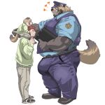  &lt;3 2022 anthro bottomwear bulge canid canine carrying chan_kiti_chan_(artist) clothing group hi_res human humanoid_hands kemono male male/male mammal overweight overweight_male pants piggyback police police_hat police_uniform raccoon_dog shirt simple_background tanuki topwear uniform white_background 