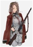  1girl artist_name bangs battle_rifle blush breasts commission eyebrows_visible_through_hair feet_out_of_frame girls&#039;_frontline gloves green_eyes gun hairband highres holding holding_gun holding_weapon jacket jacket_on_shoulders lee-enfield lee-enfield_(girls&#039;_frontline) light_brown_hair long_hair looking_at_viewer open_mouth red_jacket rifle skeb_commission solo standing sutekina_awa weapon white_background white_gloves white_uniform 