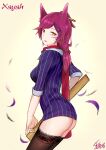  1girl absurdres animal_ears ass bangs breasts brown_eyes feathers from_side grey_background hair_ornament hair_stick hairclip highres holding league_of_legends long_hair medium_breasts red_hair red_scarf ruler scarf shirt simple_background slit_pupils smile solo striped striped_shirt thighhighs wei_miao xayah 