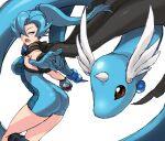  1girl ass bare_legs black_cape blue_hair breasts cape clair_(pokemon) cleanerjay commentary cowboy_shot dragonair eyebrows_visible_through_hair from_behind green_eyes hair_between_eyes high_ponytail highres long_hair looking_back lower_teeth open_mouth poke_ball pokemon pokemon_(creature) sideboob simple_background solo teeth v-shaped_eyebrows white_background 