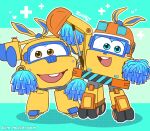  2boys aircraft airplane animal_ears blue_eyes brown_eyes cheerleader donnie_(super_wings) excavator goggles green_background highres kim_mushroom korean_text mecha multiple_boys open_mouth rabbit_ears robot scoop_(super_wings) solo super_wings twitter_username vehicle_request wheel 