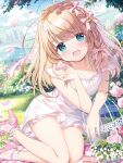  1girl ass bare_shoulders blonde_hair blue_eyes blush braid bridge cloud collarbone cookie dogeza dress falling_petals flower food frilled_dress frills garden grass hair_between_eyes hair_ornament hair_ribbon head_tilt highres house kimishima_ao leaf looking_at_viewer open_mouth original petals pink_dress pink_flower pink_ribbon pink_rose ribbon river rose sitting sky sleeveless smile water 