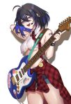  1girl :d absurdres bangs barcode barcode_tattoo blue_eyes blue_hair blue_shorts bob_cut breasts cleavage clothes_around_waist earrings guitar highres holding holding_instrument honkai_(series) honkai_impact_3rd instrument jacket jacket_around_waist jewelry large_breasts looking_at_viewer necktie open_mouth red_jacket red_necktie seele_vollerei shirt shorts simple_background sleeveless sleeveless_shirt smile tattoo thighs tutou_jiang underboob white_background white_shirt 