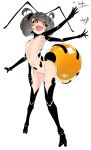  1girl :d ant_girl antennae arthropod_girl black_sclera blush colored_sclera commission completely_nude copyright_request extra_arms fewer_digits flat_chest grey_hair highres looking_at_viewer medium_hair nipples nude open_mouth signature simple_background skeb_commission smile solo solopipb two_side_up white_background yellow_eyes 