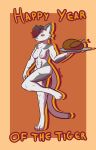  absurd_res anthro areola chinese_zodiac digital_media_(artwork) felid female food hi_res holding_object mammal muscular muscular_female nipples nokamiwd nude pantherine simple_background smile solo text thick_thighs tiger year_of_the_tiger 