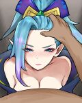  1boy 1girl absurdres asymmetrical_bangs bangs bare_shoulders blue_eyes blush bow breasts cleavage collarbone from_above gradient gradient_background green_hair grey_background hair_bow hand_on_another&#039;s_head highres league_of_legends long_hair looking_at_viewer looking_up pointy_ears ponytail pov shiny shiny_hair spirit_blossom_vayne vayne_(league_of_legends) wei_miao 