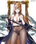  1girl :d animal_ear_fluff animal_ears arknights ass_visible_through_thighs bangs bare_shoulders bikini bikini_under_clothes black_bikini black_coat blush breasts brown_eyes brown_hair brown_legwear cleavage coat collarbone contrapposto covered_navel covered_nipples cowboy_shot crotch_seam eyebrows_visible_through_hair fox_ears fox_girl fox_tail franka_(arknights) frilled_sleeves frills goro_desu highres holding holding_sword holding_weapon large_breasts long_hair long_sleeves looking_at_viewer navel off_shoulder open_clothes open_coat open_mouth pantyhose picture_frame sheath sheathed skindentation smile solo stomach swimsuit sword tail unsheathing very_long_hair weapon 