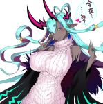  1girl aran_sweater bare_shoulders blue_hair blue_nails blush breasts closed_mouth colored_inner_hair dark-skinned_female dark_skin fate/grand_order fate_(series) fingernails hair_rings hands_up horns huge_breasts ibuki_douji_(fate) long_sleeves looking_at_viewer multicolored_hair nail_polish pink_sweater pointy_ears purple_hair red_eyes simple_background slit_pupils smile solo solopipb sweater white_background 