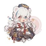  1girl :d animal_ears arknights bangs bear_ears black_hair blue_eyes blue_hair blue_jacket blush boots chibi commentary_request dated dress eyebrows_visible_through_hair fur-trimmed_boots fur_hat fur_trim hair_between_eyes hand_up hat heterochromia jacket long_hair long_sleeves looking_at_viewer multicolored_hair open_clothes open_jacket puffy_long_sleeves puffy_sleeves red_eyes red_hair reniunaiyumao90367 rosa_(arknights) sleeves_past_wrists smile solo sparkle streaked_hair very_long_hair white_background white_dress white_footwear white_hair 