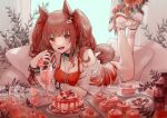  1girl :d angelina_(arknights) angelina_(summer_flowers)_(arknights) animal_ears arknights backlighting bangs bare_shoulders blush bottle bracelet breasts brown_hair cake casual_one-piece_swimsuit cleavage collar cup drink drinking_glass drinking_straw eyebrows_visible_through_hair feet_up food fox_ears fox_girl fox_tail full_body hair_ribbon highres infection_monitor_(arknights) jewelry long_hair looking_at_viewer lying medium_breasts miike_(992058) necklace official_alternate_costume on_stomach one-piece_swimsuit open_mouth pillow plate red_eyes red_ribbon red_swimsuit ribbon sandals see-through smile solo swimsuit tail the_pose twintails white_footwear 