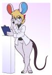  absurd_res animal_crossing anthro blonde_hair clothed clothing eye_contact eyewear female genitals glasses hair hi_res looking_at_another mammal med121 mouse murid murine nintendo petri_(animal_crossing) pussy rodent science_fiction simple_background size_difference smaller_female solo thick_thighs video_games 