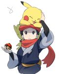  1boy arm_up black_hair black_shirt closed_mouth commentary_request frown grey_eyes grey_jacket hat holding holding_poke_ball jacket looking_up male_focus on_head pikachu poke_ball poke_ball_(legends) pokemon pokemon_(creature) pokemon_(game) pokemon_legends:_arceus pokemon_on_head raised_eyebrows red_headwear red_scarf rei_(pokemon) scarf shirt short_hair simple_background spiked_hair three_guo white_background 