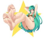  1girl armpits arms_behind_back arms_behind_head ass bangs bare_arms barefoot bra breasts cleavage closed_mouth collarbone crossed_legs eiji_(eiji) eyebrows_visible_through_hair feet foreshortening green_hair highres horns long_hair looking_at_viewer looking_to_the_side lum medium_breasts navel oni_horns panties pointy_ears simple_background solo star_(symbol) stomach striped striped_bra striped_panties thigh_gap tiger_stripes underwear urusei_yatsura white_background yellow_eyes 