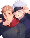  2boys black_blindfold black_jacket blindfold blindfold_lift blue_eyes brown_eyes ccccc_(jpn_m0) closed_mouth facial_mark gojou_satoru hand_on_another&#039;s_face high_collar highres itadori_yuuji jacket jujutsu_kaisen lifted_by_self looking_at_viewer male_focus multiple_boys one_eye_covered open_mouth pink_hair short_hair sideburns smile spiked_hair twitter_username undercut upper_body white_hair 