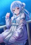  1girl apple_juice bangs belt blue_belt blue_bow blue_bowtie blue_choker blue_eyes blue_hair blush bow bowtie cardigan choker commentary_request drink eyebrows_visible_through_hair grin hair_ribbon highres holding holding_drink hololive hoshimachi_suisei juice_box long_hair long_sleeves looking_at_viewer night night_sky off_shoulder official_alternate_costume open_cardigan open_clothes pleated_skirt ribbon sailor_collar school_uniform shirt short_sleeves skirt sky smile solo star_(symbol) star_in_eye symbol_in_eye virtual_youtuber white_ribbon white_sailor_collar white_shirt white_skirt yuano 