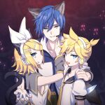  :p akiyoshi_(tama-pete) animal_ears blonde_hair blue_eyes blue_hair bow earphones hair_bow hiding holding holding_knife kagamine_len kagamine_rin kaito_(vocaloid) knife nail_polish short_hair short_sleeves sleeveless tongue tongue_out vocaloid wolf_ears wolf_girl 