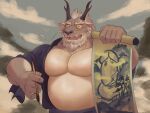 2022 absurd_res anthro asian_mythology balls belly detailed_background dragon east_asian_mythology eastern_dragon episode0006 erection eyes_closed genitals hi_res humanoid_hands kemono male mature_male moobs mythology outside overweight overweight_male penis solo 