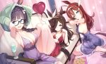  3girls ahoge animal_ears armpits balloon bangs bare_arms bare_shoulders barefoot black-framed_eyewear blue_eyes blush bottle braid breasts brown_hair cleavage closed_mouth cup curtains dress fake_animal_ears food glasses hair_over_one_eye hairband heart heart_balloon horse_ears horse_girl horse_tail indoors large_breasts long_hair looking_at_viewer lying medium_breasts mihono_bourbon_(umamusume) multiple_girls on_back ooshima_kojima open_mouth purple_dress purple_eyes purple_hair rabbit_ears rice_shower_(umamusume) sideboob sitting sleeveless small_breasts smile tail twin_braids umamusume underwear very_long_hair zenno_rob_roy_(umamusume) 