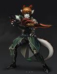  2022 absurd_res anthro armor brown_hair clothing dragon eyebrows eyelashes fingerless_gloves gloves green_eyes hair handwear hi_res horn looking_at_viewer male melee_weapon pgm300 short_hair solo sword weapon 