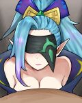  1boy 1girl absurdres asymmetrical_bangs bangs bare_shoulders black_blindfold blindfold blush bow breasts cleavage collarbone commentary_request facing_viewer from_above gradient gradient_background green_hair grey_background hair_bow highres league_of_legends long_hair looking_up pointy_ears ponytail pov shiny shiny_hair spirit_blossom_vayne vayne_(league_of_legends) wei_miao 