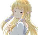  1girl bangs blonde_hair dress facing_viewer from_side hair_ribbon hand_up highres long_hair pointy_ears princess_zelda ribbon seri_(yuukasakura) simple_background smile the_legend_of_zelda the_legend_of_zelda:_skyward_sword tress_ribbon upper_body white_background white_dress 