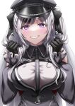  1girl azur_lane bangs black_gloves black_headwear blush breasts cross elbe_(azur_lane) eyebrows_visible_through_hair gloves hair_ribbon hands_in_hair highres iron_cross large_breasts long_hair looking_at_viewer naga_(pixiv70891418) open_mouth purple_eyes ribbon silver_hair smile solo teeth twintails upper_body white_background 