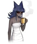  1girl absurdres animal_ears bandages bangs bare_arms bare_shoulders black_sclera blue_hair blunt_bangs cat_ears coffee coffee_mug collarbone colored_sclera cup dark-skinned_female dark_skin frown ghastet_(matilda_fiship) glaring highres holding holding_cup long_hair looking_at_viewer matilda_fiship monster_girl mug original red_eyes simple_background solo steam white_background 