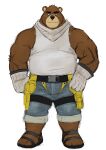  2022 anthro black_nose bottomwear brown_body clothing footwear hi_res humanoid_hands kemono male mammal musclegut overweight overweight_male rossciaco sandals shirt shorts simple_background solo topwear ursid white_background 