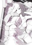  2girls bed closed_eyes greyscale hand_in_hair hi-chan hug keyyan kimi_to_shiranai_natsu_ni_naru light_smile lying_on_person monochrome morning multiple_girls nishimiya_haru sleeping sunlight 