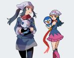  2girls black_hair black_legwear hair_ornament long_hair looking_at_viewer looking_back m1n1r1ng multiple_girls oshawott piplup pixel_art pokemon pokemon_(game) pokemon_bdsp pokemon_legends:_arceus simple_background skirt standing survey_corps thighs white_background 