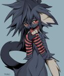  anthro artist_name blue_body blue_fur collar eyewear floppy_ears fur girly glasses hair hi_res male mammal navel nude open_mouth open_smile red_eyes slim smile solo spiked_collar spikes spiky_hair tigakki unknown_species 