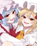  2girls blonde_hair blue_hair bow crystal dress eringi_(rmrafrn) fang flandre_scarlet frilled_shirt_collar frills hat highres long_sleeves looking_at_viewer mob_cap multiple_girls open_mouth puffy_sleeves red_eyes red_vest remilia_scarlet short_hair siblings side_ponytail simple_background sisters smile touhou vampire vest white_background 