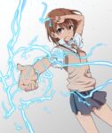  1girl biribiri brown_eyes brown_hair burnt_clothes commentary_request electricity foreshortening hair_ornament hairpin highres isshi_pyuma misaka_mikoto pleated_skirt revision school_uniform short_hair simple_background skirt solo sweater_vest toaru_kagaku_no_railgun toaru_majutsu_no_index v-neck 