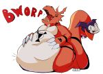  2019 abdominal_bulge anthro bandai_namco belly big_belly burping claws digimon digimon_(species) duo eyes_closed fangs guilmon hand_on_stomach impmon kneeling looking_worried open_mouth sharkvore smile soft_vore tail_wraps text tongue trapped vore wraps 