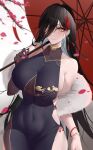  1girl absurdres azur_lane bare_shoulders black_dress black_gloves black_hair bracelet breasts china_dress chinese_clothes closed_mouth collarbone covered_navel dress earrings elbow_gloves eyebrows_visible_through_hair falling_petals friedrich_der_grosse_(azur_lane) fur_scarf gloves hair_between_eyes hair_ornament hair_over_one_eye highres holding holding_umbrella jewelry large_breasts larger_bmx long_bangs long_hair looking_at_viewer no_horn one_eye_closed petals revision side-tie_dress single_elbow_glove smile solo tassel tassel_earrings umbrella very_long_hair yellow_eyes 