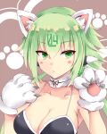  animal_ear_fluff animal_ears animal_hands bikini blush bow breasts brown_background cat_ears cat_paws cat_tail character_request claws cleavage collar collarbone copyright_request eyebrows_visible_through_hair gaoohohaha gloves green_eyes hair_between_eyes highres large_breasts paw_gloves paw_print short_hair simple_background swimsuit tail upper_body 